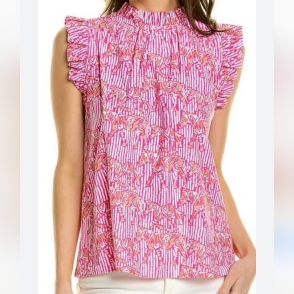 Jude Connally Pink Hidden Zebra Print Ruffle Blouse M